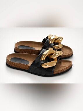 JW ANDERSON Leather Slides, Oversized Gold Chain accent, molded sole, blk,41,GUC